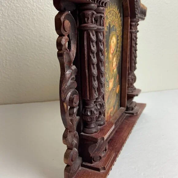 Vintage Religious Old Icona Virgin Mary & Baby Jesus Framed Picture - Picture 15 of 16